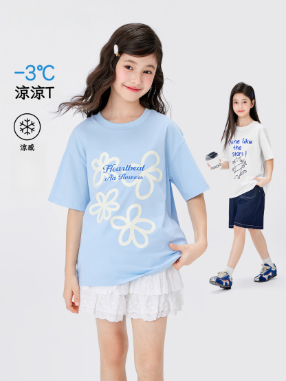 女童藍色小花短袖T