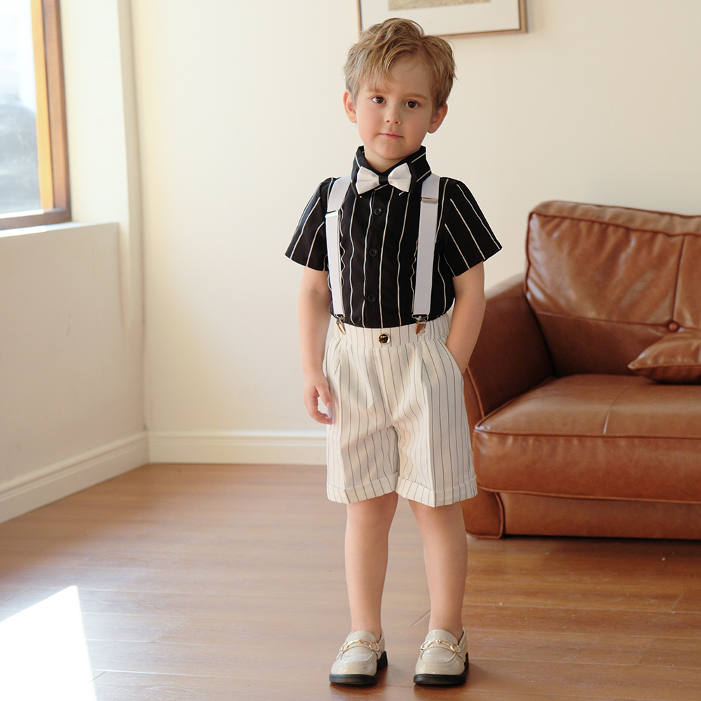 兒童夏季條紋背帶褲西裝套裝