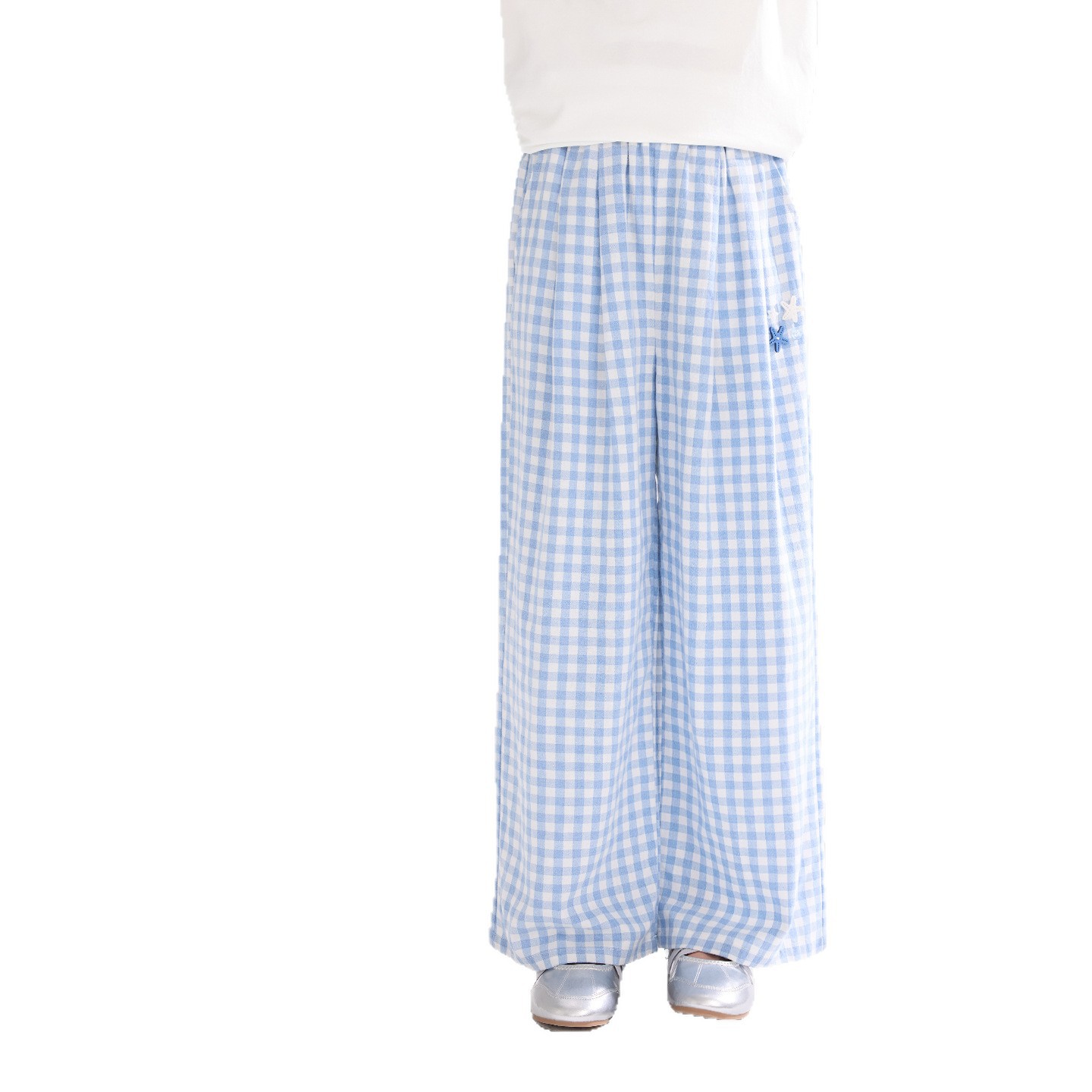 女童夏季格紋薄款輕薄透氣闊腿長褲