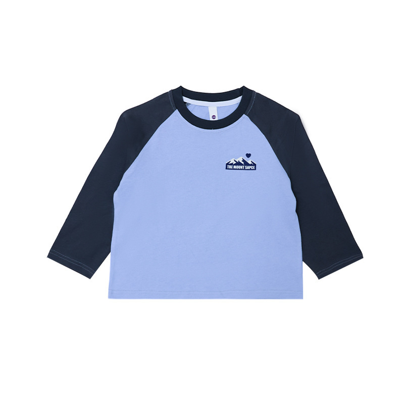 女童春季圓領純棉撞色插肩印花長袖打底衫T恤