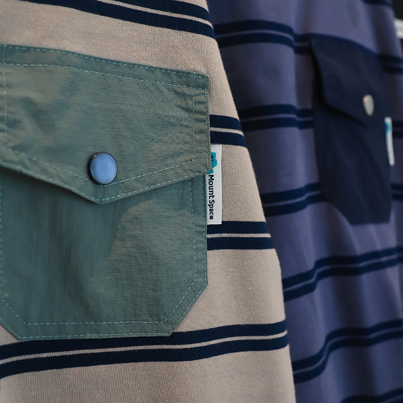 兒童秋季撞色口袋條紋長袖T恤