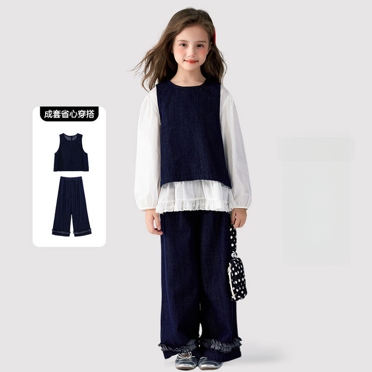 春季女童簡約軟牛仔馬甲牛仔褲兩件套