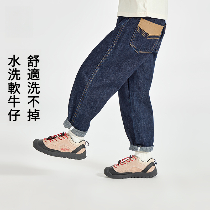  男童皮革拼接水洗牛仔褲