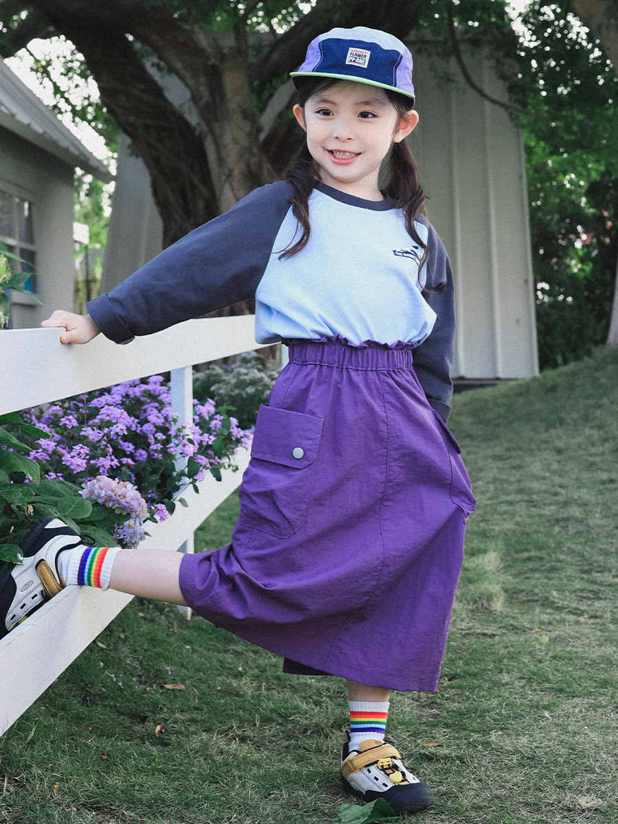 女童春季圓領純棉撞色插肩印花長袖打底衫T恤