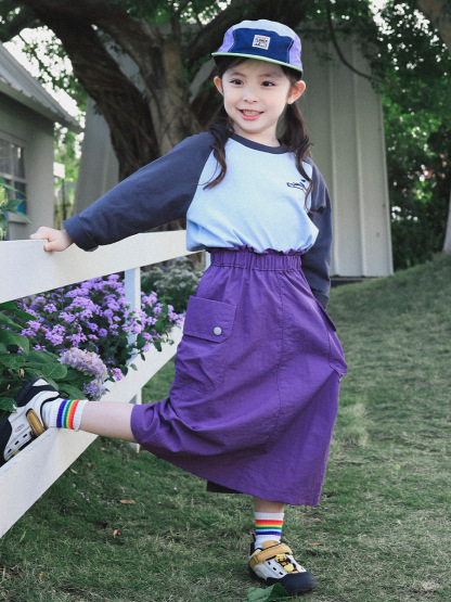 女童春季圓領純棉撞色插肩印花長袖打底衫T恤