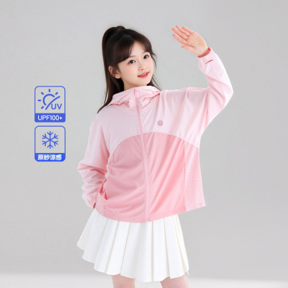 女童撞色拼接網孔連帽防曬服