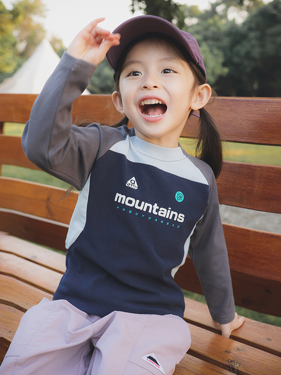 親子裝兒童長袖 T恤復古拼接運動打底衫