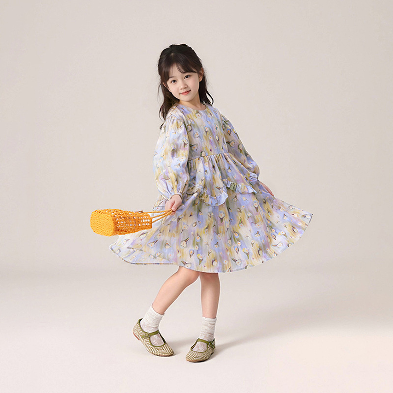 春夏新款女童莫奈小碎花連衣裙