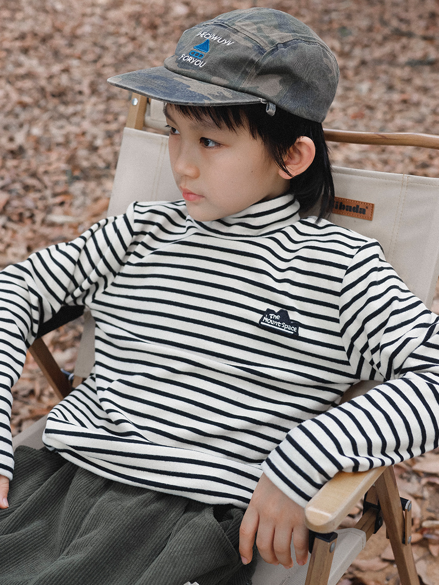 兒童冬季半高領條紋長袖打底衫