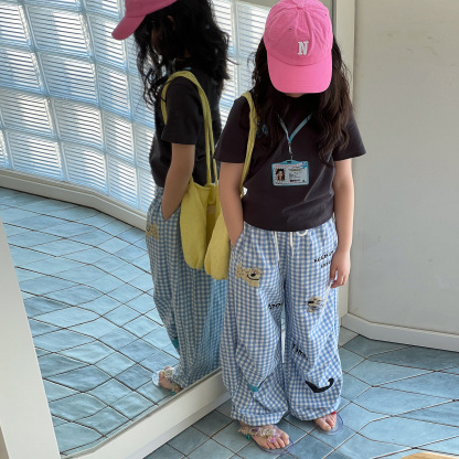 女童夏季卡通刺繡直筒沙灘闊腿褲
