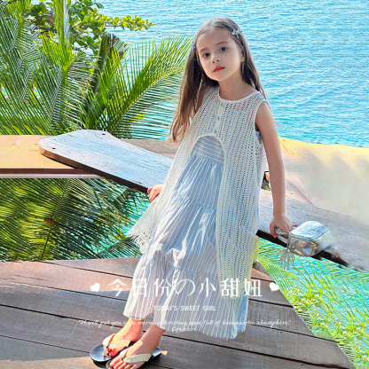 女童春季休閒條紋吊帶花邊裙