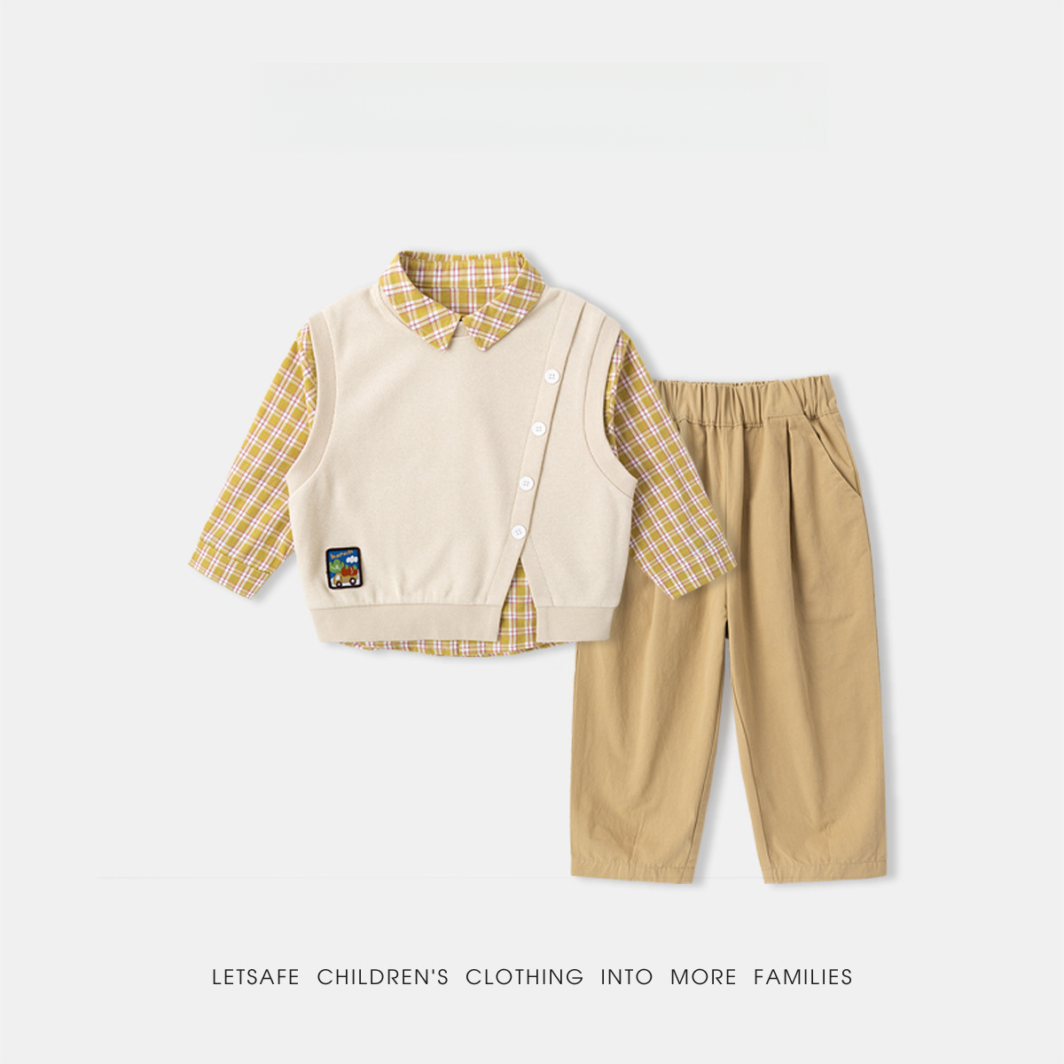 兒童春季學院風格子襯衫馬甲褲子三件套套裝