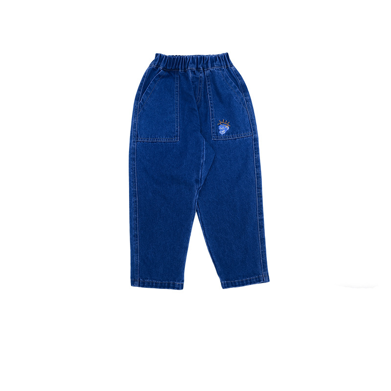 兒童春季復古印花直筒寬鬆休閑牛仔褲