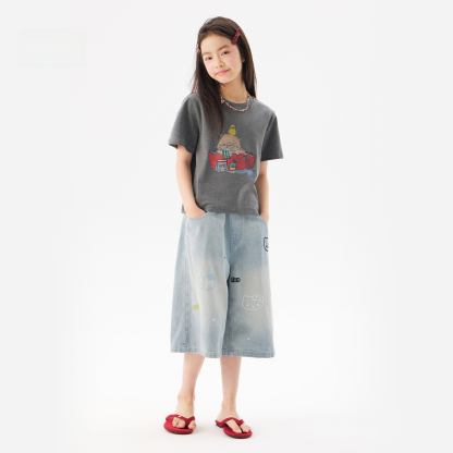 女童夏季卡通繡花七分牛仔褲