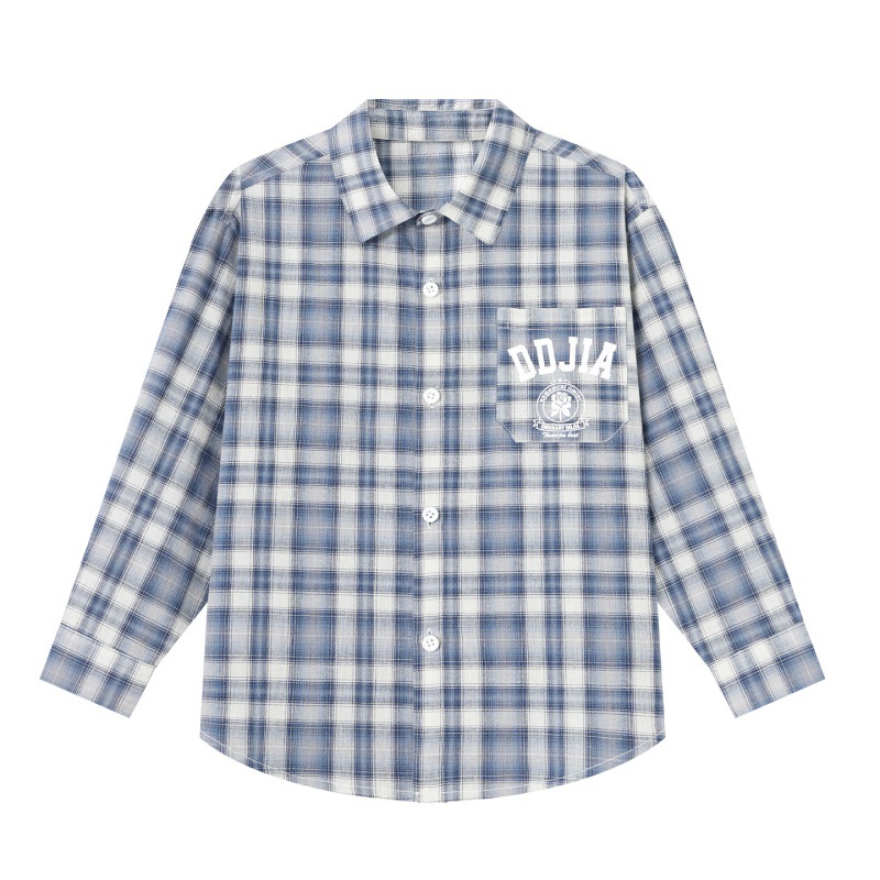 春秋男童藍色格紋印花純棉襯衫