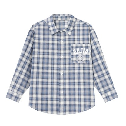 春秋男童藍色格紋印花純棉襯衫