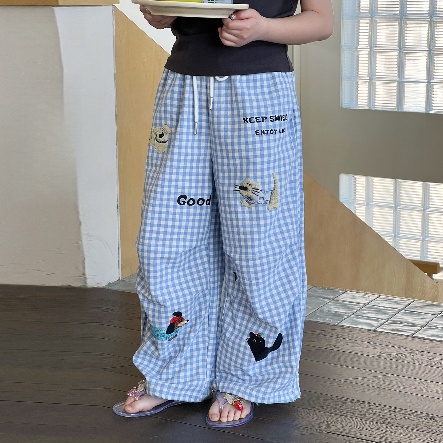 女童夏季卡通刺繡直筒沙灘闊腿褲