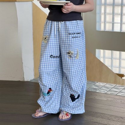 女童夏季卡通刺繡直筒沙灘闊腿褲