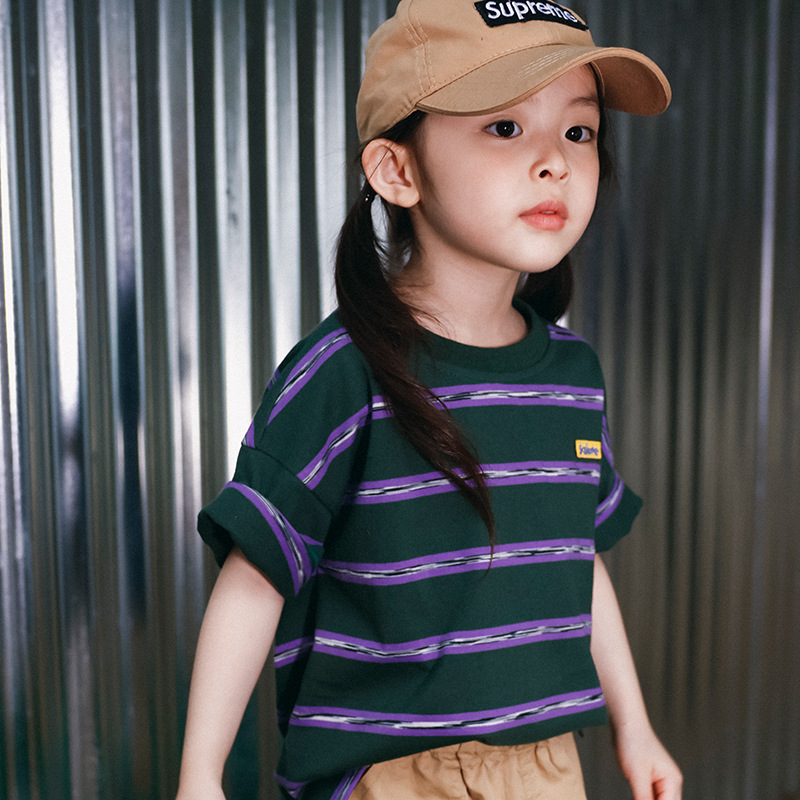 中大童寬鬆純棉撞色條紋t恤