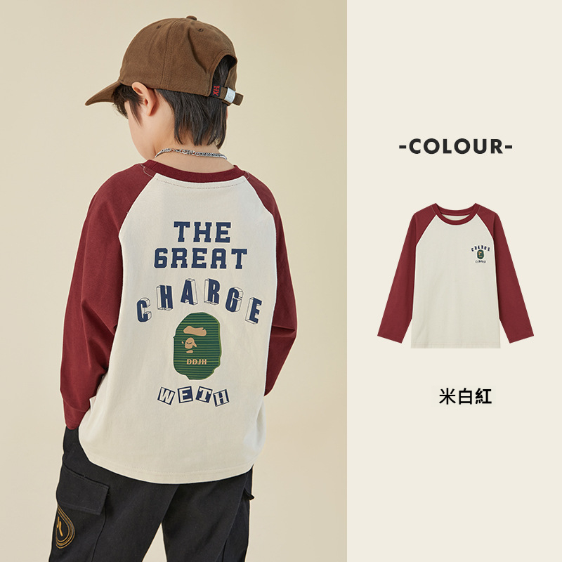 男童純棉插肩袖印花長袖T恤