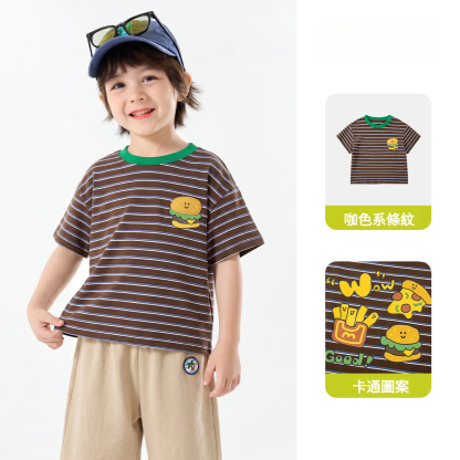 兒童夏季撞色卡通印花圖案短袖