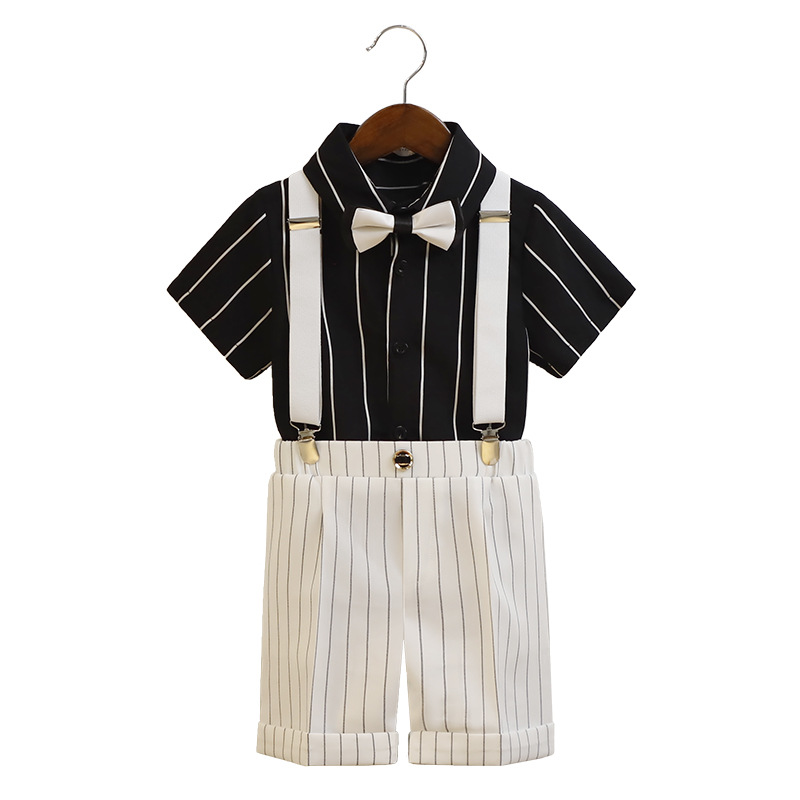 兒童夏季條紋背帶褲西裝套裝