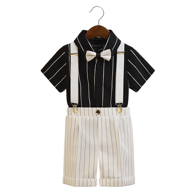 兒童夏季條紋背帶褲西裝套裝