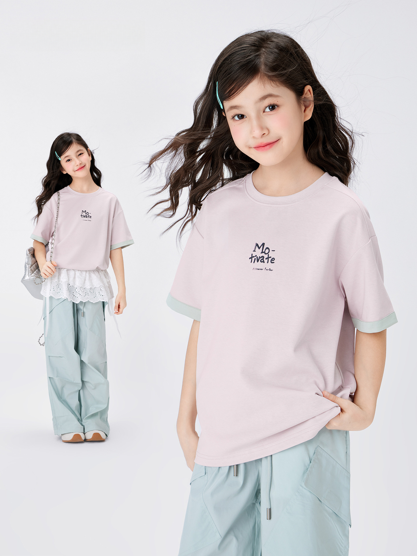 女童雙面撞色雙紗T恤