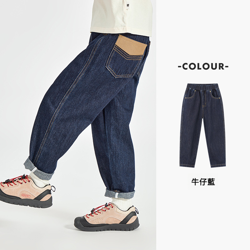 男童皮革拼接水洗牛仔褲