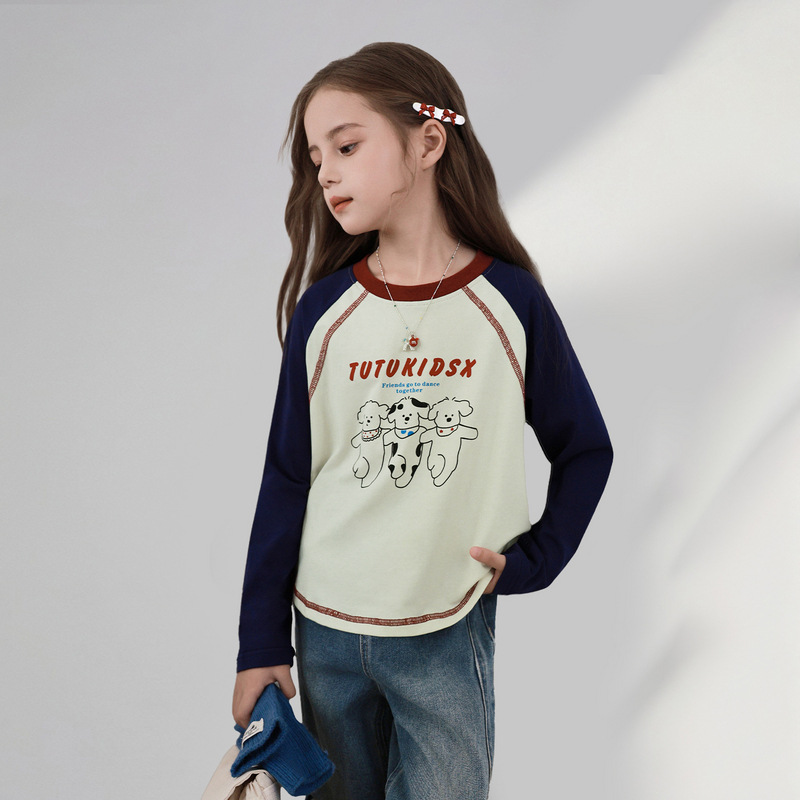 女童拼接秋季彈力長袖打底衫