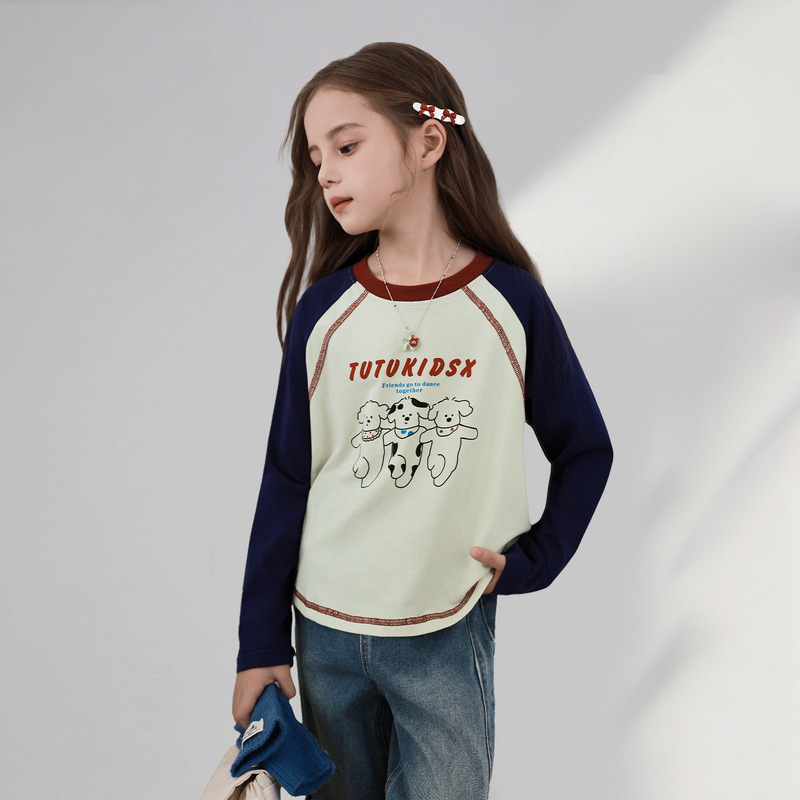 女童拼接秋季彈力長袖打底衫