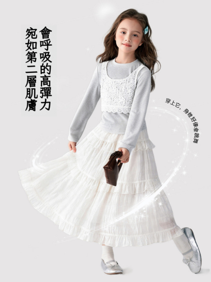 春季女童假兩件長袖T恤裙子