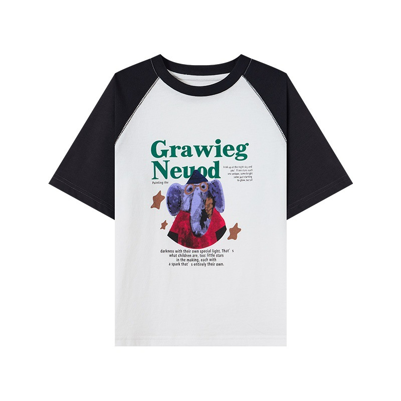 夏季男童撞色插肩全棉透氣印花親膚冰感短袖