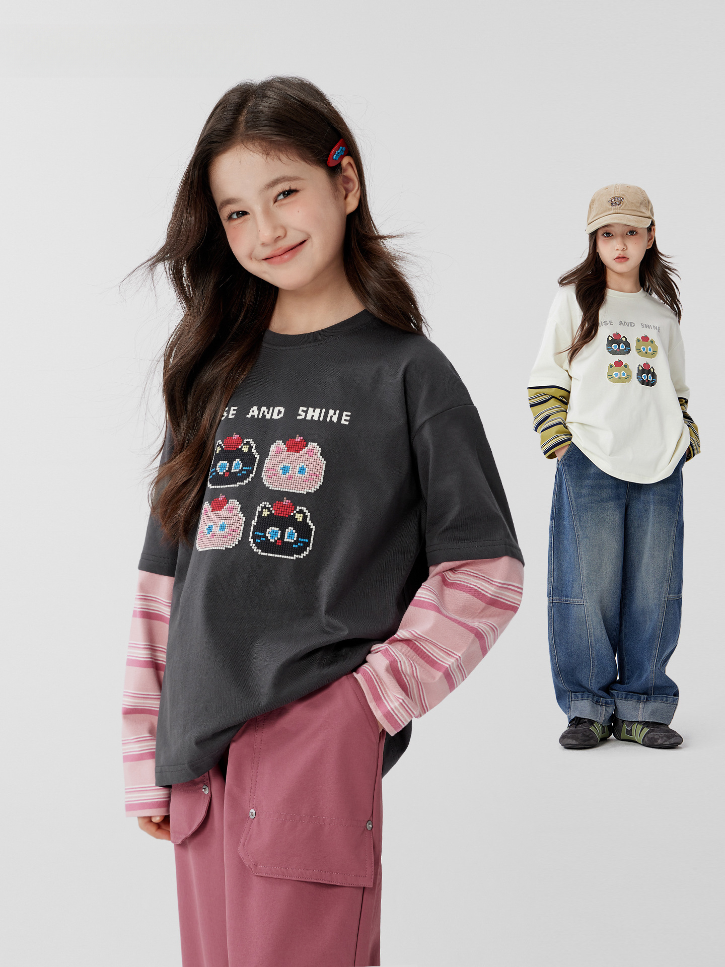 女童假兩件春秋款貓咪卡通長袖T恤