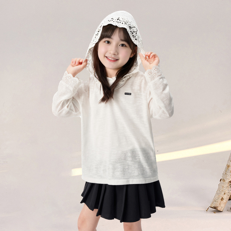 春秋款女童蕾絲長袖打底衫連帽上衣