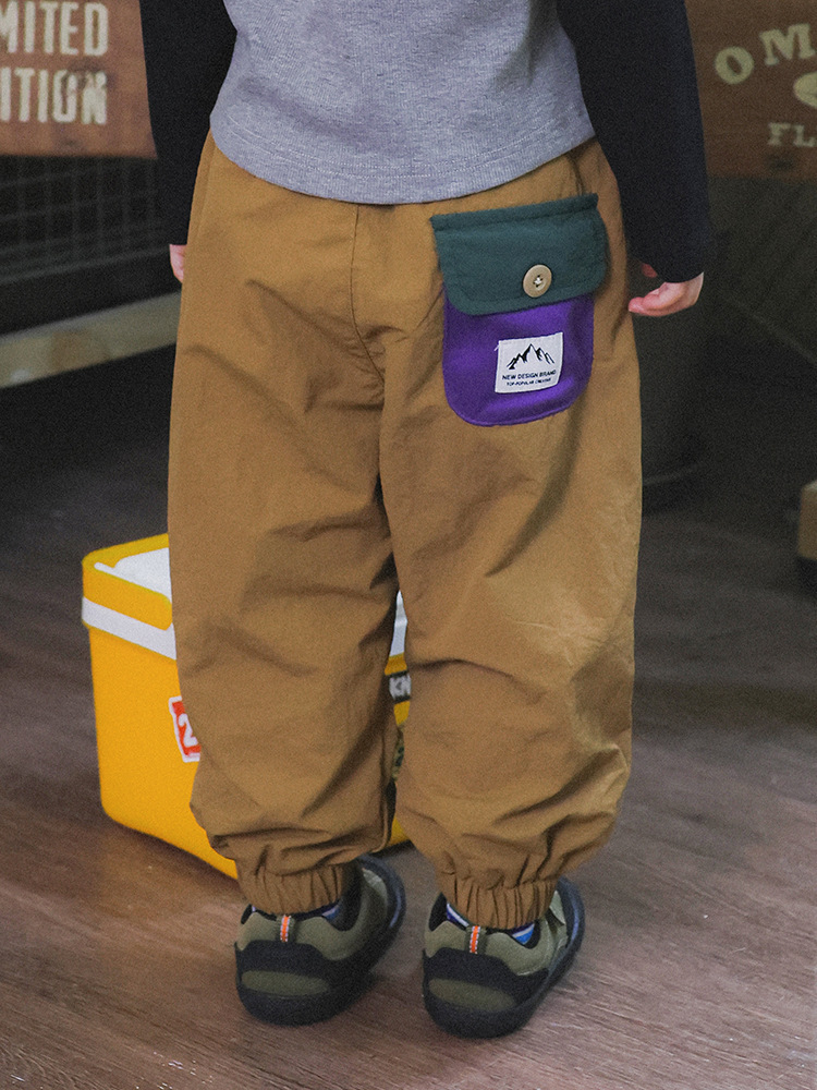 兒童山系撞色口袋束腳工裝機能褲
