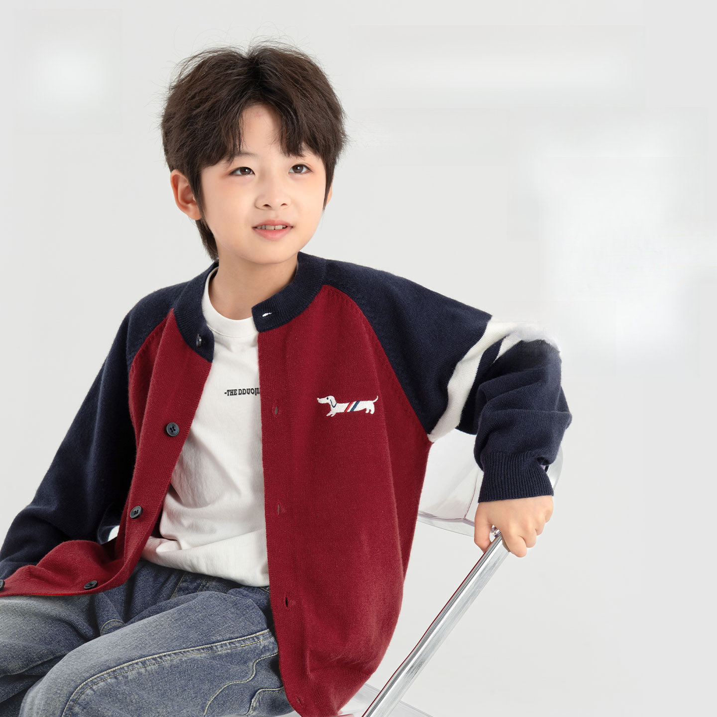 男童春秋款撞色小狗刺繡開衫