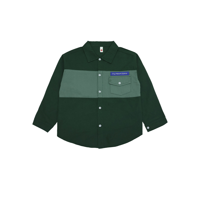 男童春季工裝撞色拼接口袋字母翻領長袖襯衫