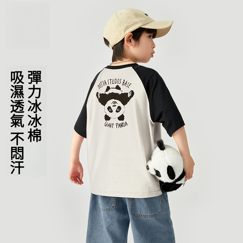 男童夏款撞色插肩大熊貓印花短袖