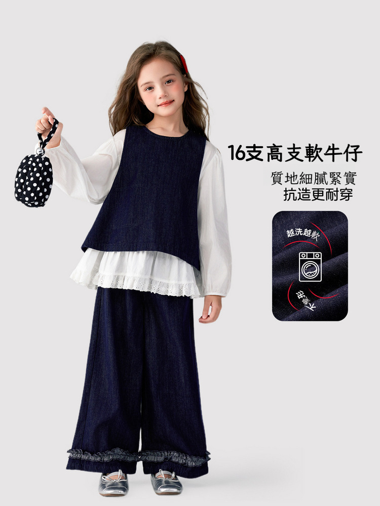 春季女童簡約軟牛仔馬甲牛仔褲兩件套