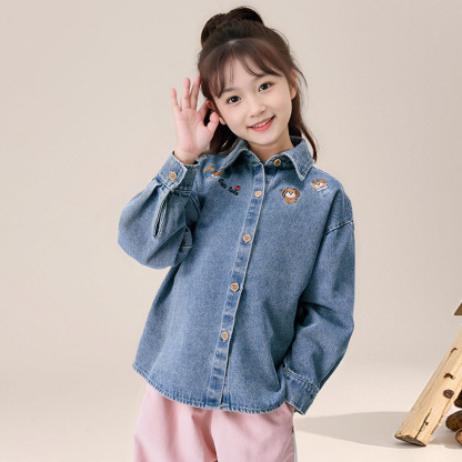 女童春秋款軟牛仔刺繡襯衫