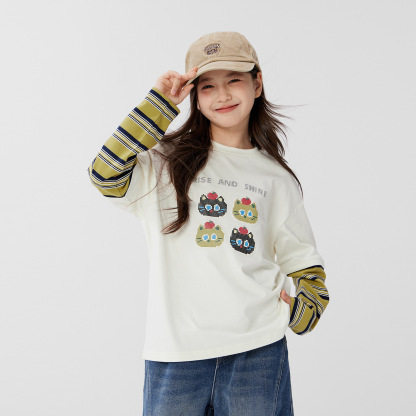 女童假兩件春秋款貓咪卡通長袖T恤