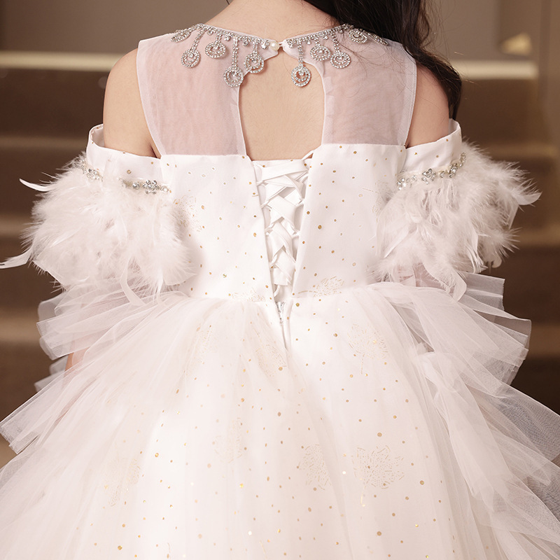 兒童輕奢小眾仿羽毛珠飾露肩裙