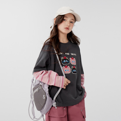 女童假兩件春秋款貓咪卡通長袖T恤