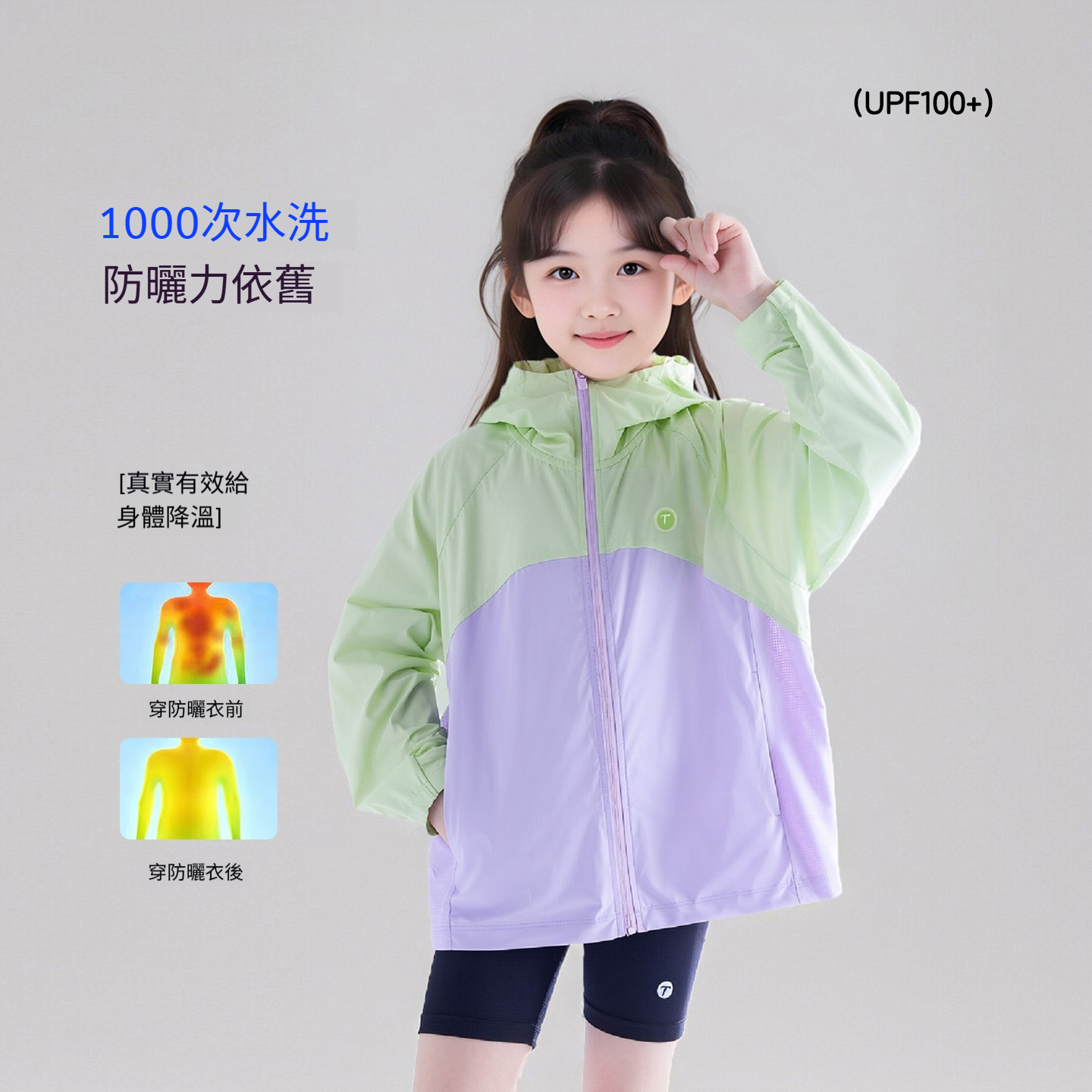 女童撞色拼接網孔連帽防曬服