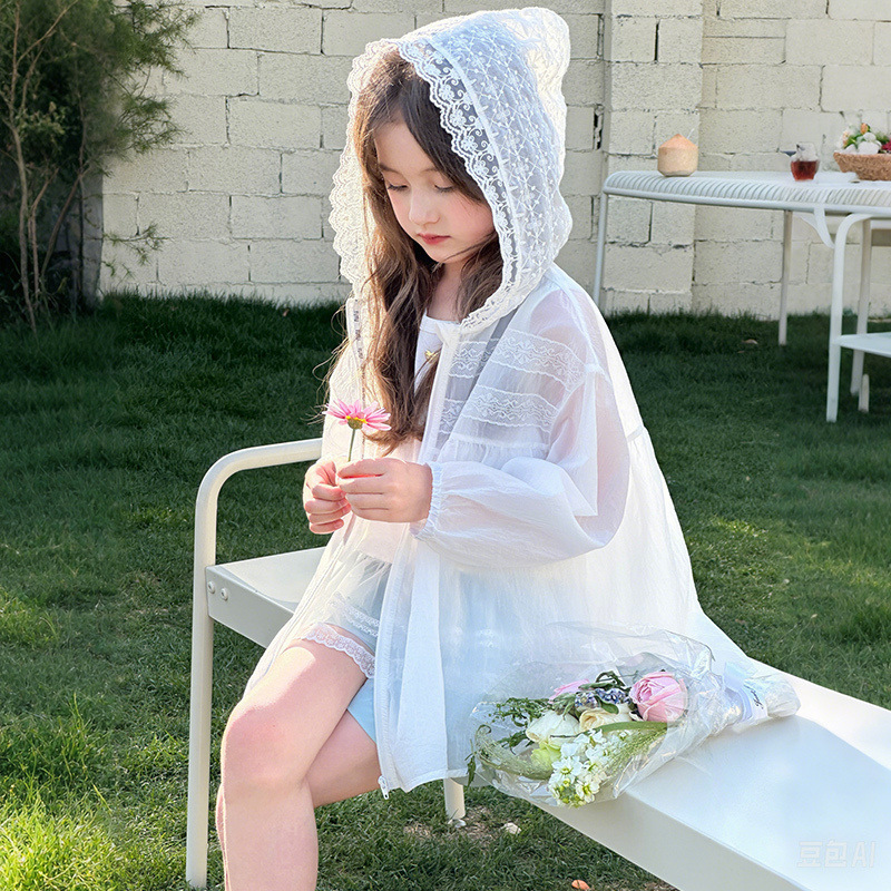 兒童夏季戶外拼接蕾絲花邊速幹外套