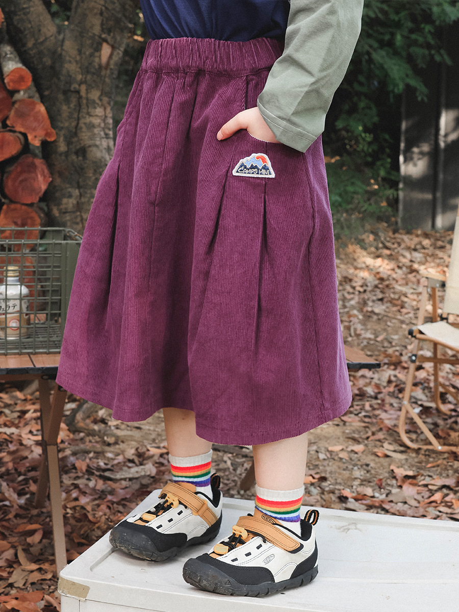 女童春季復古純色燈芯絨A字半身裙