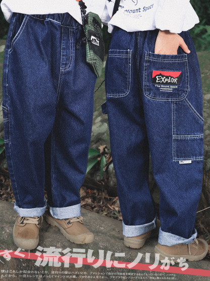 兒童春季復古工裝水洗直筒牛仔褲