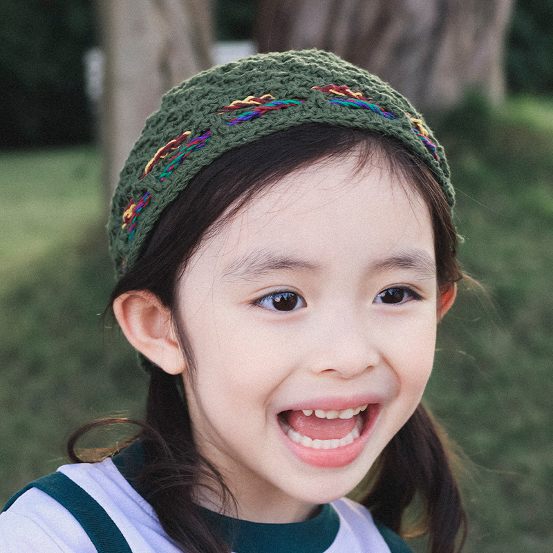 女童春季鏤空手工鈎織抽繩包頭針織帽子