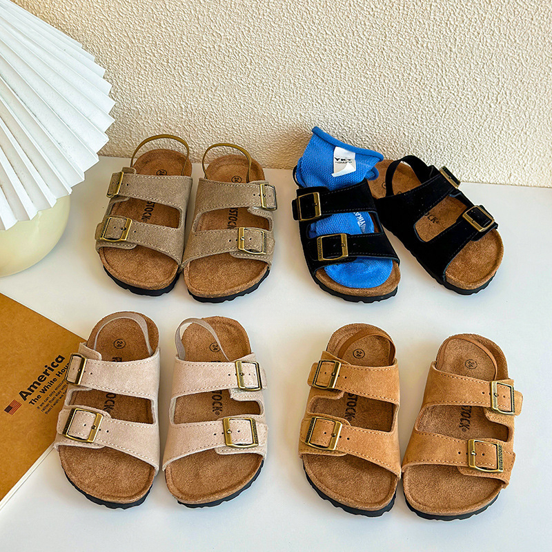 兒童夏季磨砂皮露趾木糠底涼拖鞋